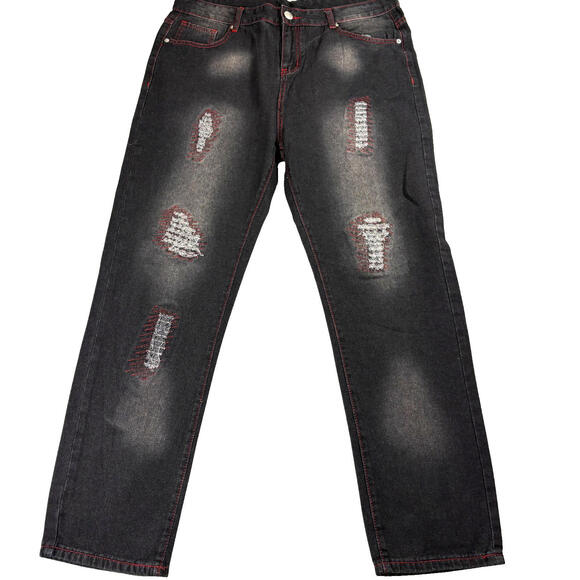 Mens Black Distressed Jeans Size 38 Slim Fit Red Stitch Grunge Streetwear NWT Y
